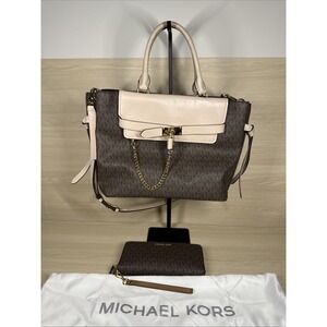 Michael Kors Hamilton Legacy Sm Logo Belted Satchel Pink Brown Crossbody &Wallet